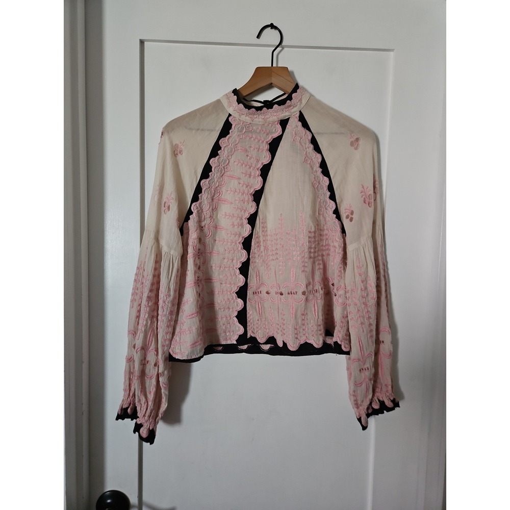 Free People Embroidered Pink & Black Mock Neck Boho Bishop Sleeve Top Small